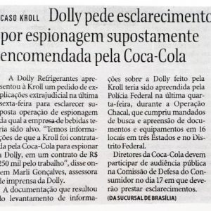 02/11/2014 - Folha de São Paulo - Dolly pede esclarecimento por espionagem supostamente encomendada pela Coca-Cola